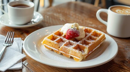 Custard Waffle on White Plate with Wooden Table Background