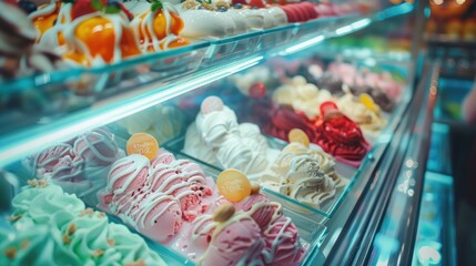Fototapeta premium Strawberry, Vanilla and Pistachio Ice Cream in a Glass Display Case