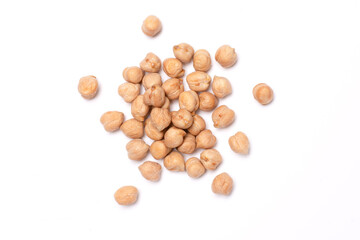 Group of dried raw chickpea isolated on white background. Top view, flat lay.