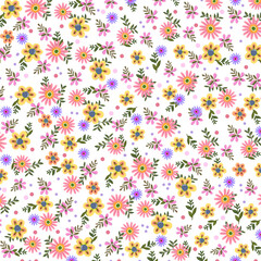 Patterns of fabrics floral patterns with purple, white, yellow, and pink flowers, and polka dot designs.