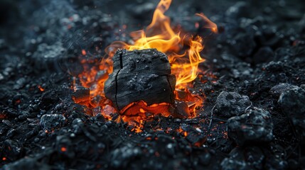 Close up of burning coal in brazier empty space