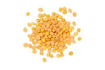 Pile pf split soybean isolated on white background, top view, flat lay.