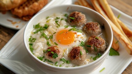 Savory Rice Soup with Meatballs and a Poached Egg