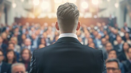 Fototapeta premium Dynamic Professional Speaker Engaging Audience in Vibrant Conference Hall with Copy Space - Close-Up Shot
