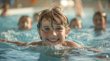 A boy smiling and swimming in a pool with other children in the background, enjoying a fun day in the water.