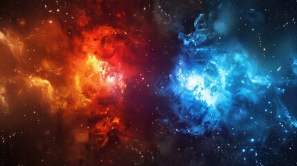 Naklejka premium Photograph of a binary star system, two stars locked in an eternal dance, their contrasting colors, a fiery red and a serene blue, illuminating the surrounding space