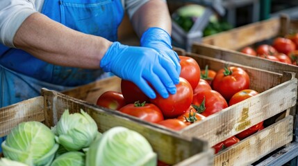 Hands in Blue Gloves Arranging Fresh Red Tomatoes
