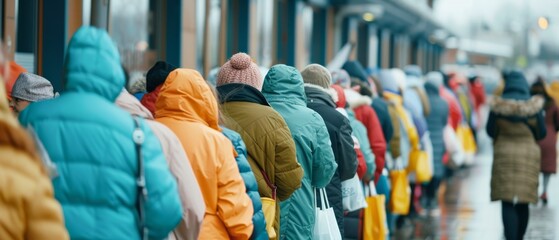 Obraz premium Busy Morning at Supermarket: Families and Individuals Queue for Big Sale Event