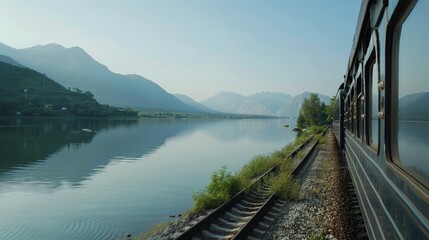 Fototapeta premium The rhythmic sound of the trains wheels on the tracks was strangely soothing against the backdrop of the tranquil lake.