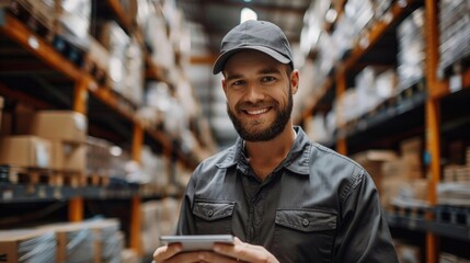 smiling Caucasian warehouse or logistics center employee in uniform with a tablet computer in his hands looking at the camera against the background of shelves with boxes