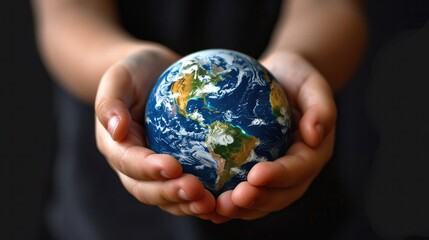 Photograph of a child's hands, adorned with paint splatters, delicately holding a globe, their fingers leaving colorful trails across its continents.