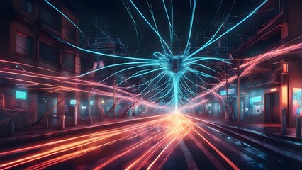 A city street with neon lights and a large, glowing, spiral-shaped object