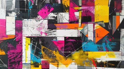 Fototapeta premium Vibrant abstract geometric artwork with splashes of bright colors and intricate patterns, perfect for modern decor.