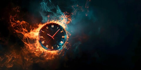 A surreal image of a clock engulfed in flames, symbolizing the concept of time burning away