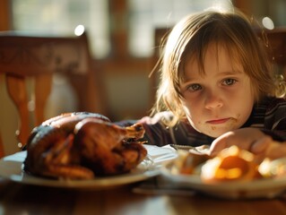 Child enjoying a piece of turkey, demonstrating the importance of holiday treats for all ages, natural daylight, 50mm focal length --ar 4:3 --stylize 50 Job ID: af5e1310-9d7b-4003-849b-32e62f6da94c