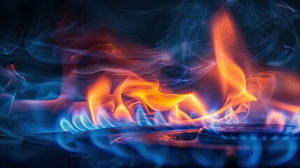 Photograph of a gas burner flame, its blue and orange hues swirling against a transparent background.