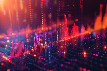 Fototapeta premium Abstract digital city skyline with glowing lines and dots in vibrant red, orange, and purple hues.