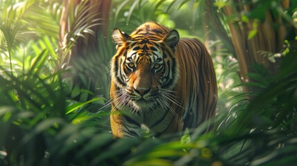 Photograph of a majestic Bengal tiger prowling through the lush greenery of a tropical rainforest, its stripes blending seamlessly with the dappled sunlight.