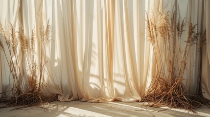 Photo of sunlit curtains backdrop with dried grasses empty space