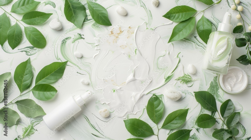 Poster marble board adorned with green leaves on light background presentation layout for showcasing produc