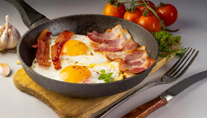 A plate of bacon, eggs, and tomatoes is on a wooden table