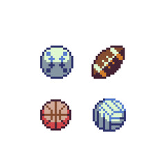 Fototapeta premium Sports ball pixel art icons set, baseball American sport, basketball, football ball and rugby isolated vector illustration. sports equipment, accessories. Design for logo and app. Game assets 8-bit.