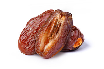 Dried dates fruits with cut half sliced isolated on white background.
