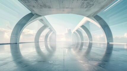 A 3D illustration of futuristic glass architecture on a concrete floor.