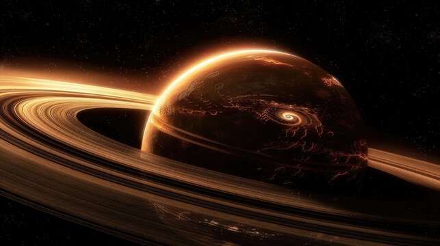 Photograph of a planet with a ring system that casts an eerie glow on its surface