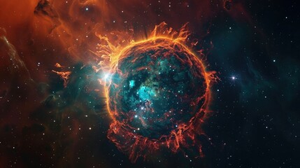 Obraz premium Photograph of a planetary nebula, the glowing remnant of a star expelled by its red giant parent, its delicate tendrils of gas illuminated by the fading stellar core