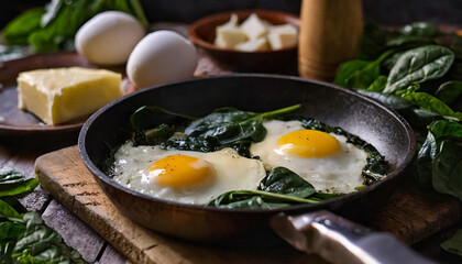 A pan of sunny side up eggs and spinach is on a wooden table with cheese
