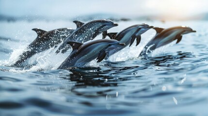 Photograph of a playful pod of dolphins leaping out of the ocean's surface, their sleek bodies glistening in the sunlight, captured in a breathtaking action shot.