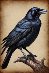 Fototapeta premium Raven on a tree branch, illustration, generative ai