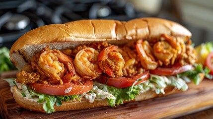 A large sandwich with shrimp and tomatoes on a wooden cutting board. The sandwich is topped with a generous amount of mayonnaise and lettuce