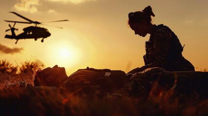 Silhouette of a female medic performing CPR on a fallen soldier, with helicopters in the sky, highlighting lifesaving skills and emergency response in combat