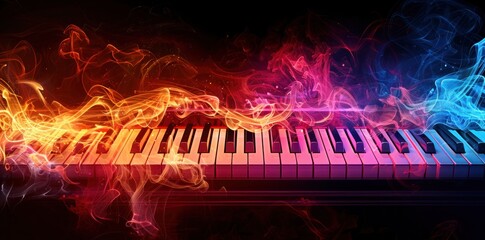 A Vibrant piano keyboard with flames in the background. background for World Music Day event banner with abstract musical instruments design. Concept Music Instruments, World Music Day, Event Banner