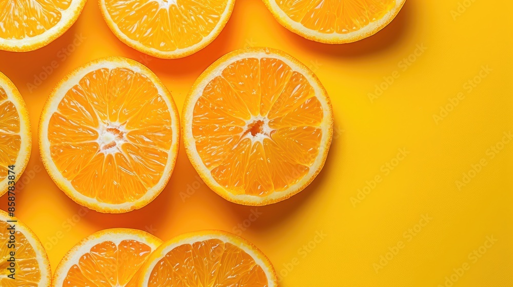 Poster fresh orange slices on yellow background in pop art style viewed from above with space for text