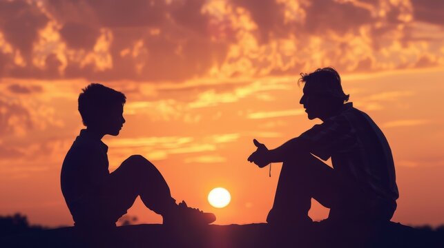 Silhouette of a mentor and mentee in discussion, representing mentorship and support, with copy space, no noise