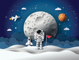 Space Explorer and Moon Landing Scene with Stars and Planets © kengmerry