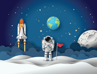 Astronaut on Moon with Rocket and Earth in Paper Cut Style © kengmerry
