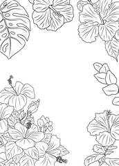 Hibiscus flowers and tropical leaves frame. Vertical banner, floral overlay backdrop. Botanical monochrome ink sketch style hand drawn vector illustration isolated on transparent background.