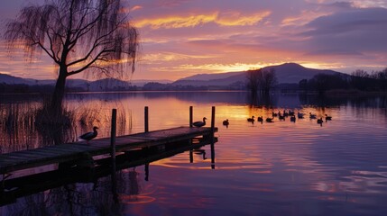Fototapeta premium Serene Lake at Dusk with Boat and Ducks