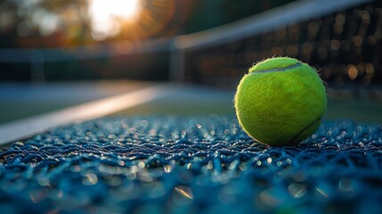 Close-Up of Tennis Ball and Net on Court with Sunray