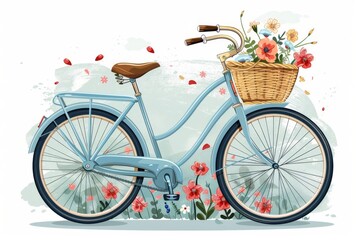 Isolated vector illustration of a bicycle with a basket of spring flowers on a white background, charming and spring-themed