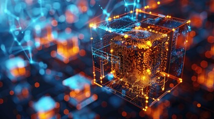 Abstract digital cube with glowing lines and particles, representing technology and connectivity.