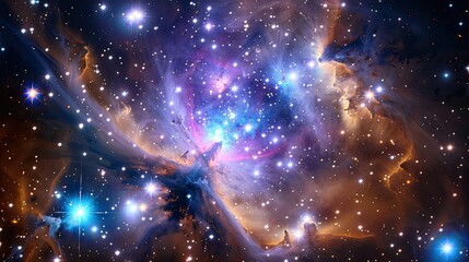 Photograph of a vibrant young star cluster, a celestial nursery of newborn stars bursting with brilliant blues, purples, and pinks, set against the vast expanse of the cosmos