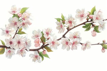 Fototapeta premium Isolated vector illustration of a blooming cherry blossom branch on a white background, symbolizing the arrival of spring, delicate and vibrant 