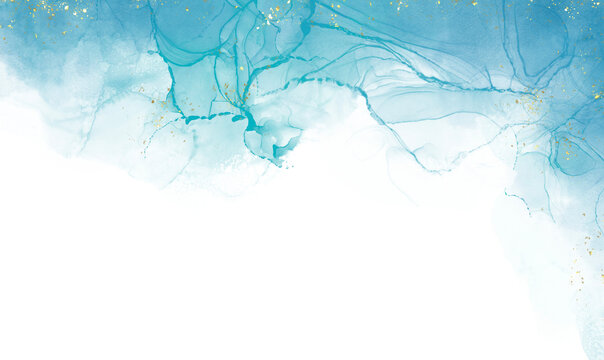 Abstract light blue watercolor, blurred  Blue powder explosion on white background Luxury design and splash with golden crackers. Template design for birthday invite or card.
