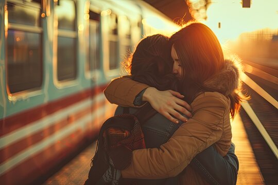Friends Embracing at Train Station