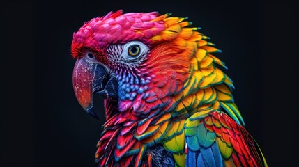 Obraz premium Vibrant Close-Up of a Colorful Parrot with Detailed Feathers Against a Dark Background
